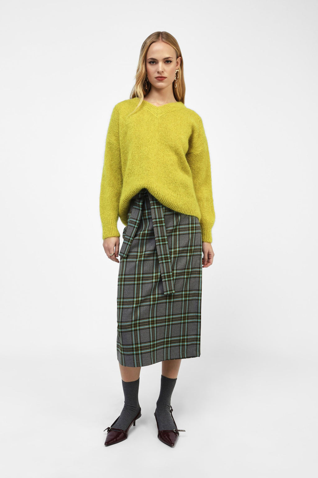 Wrap tartan midi skirt