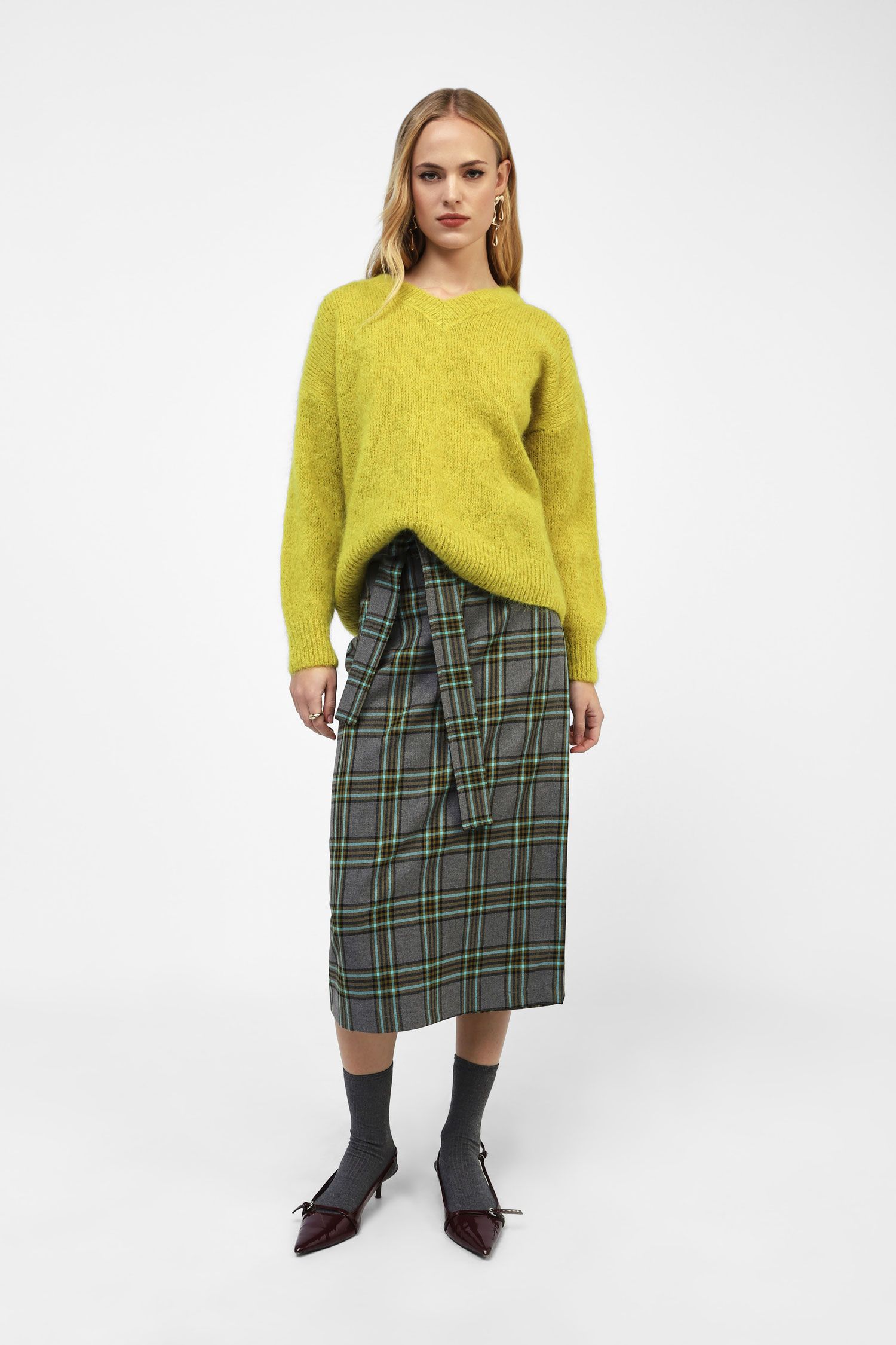 Wrap tartan midi skirt