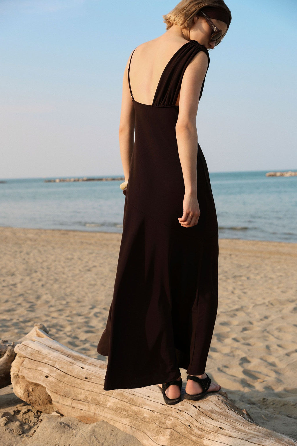 Long dress with asymmetrical neckline