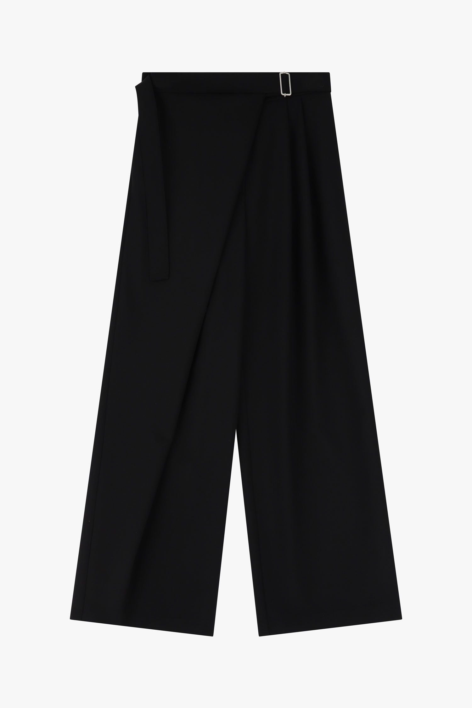 Trousers with wrap closure and buckle