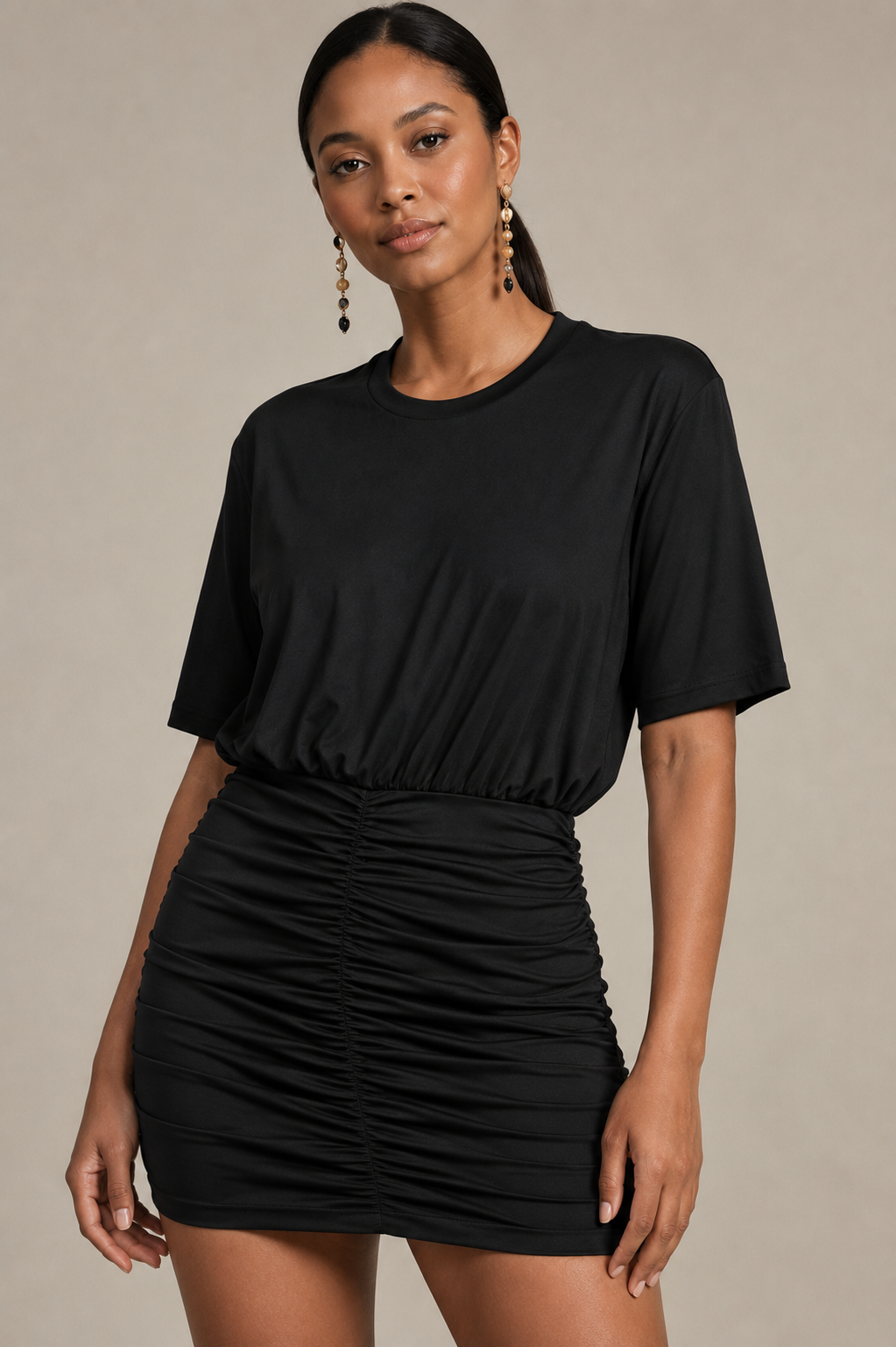 Short dress with gathered skirt