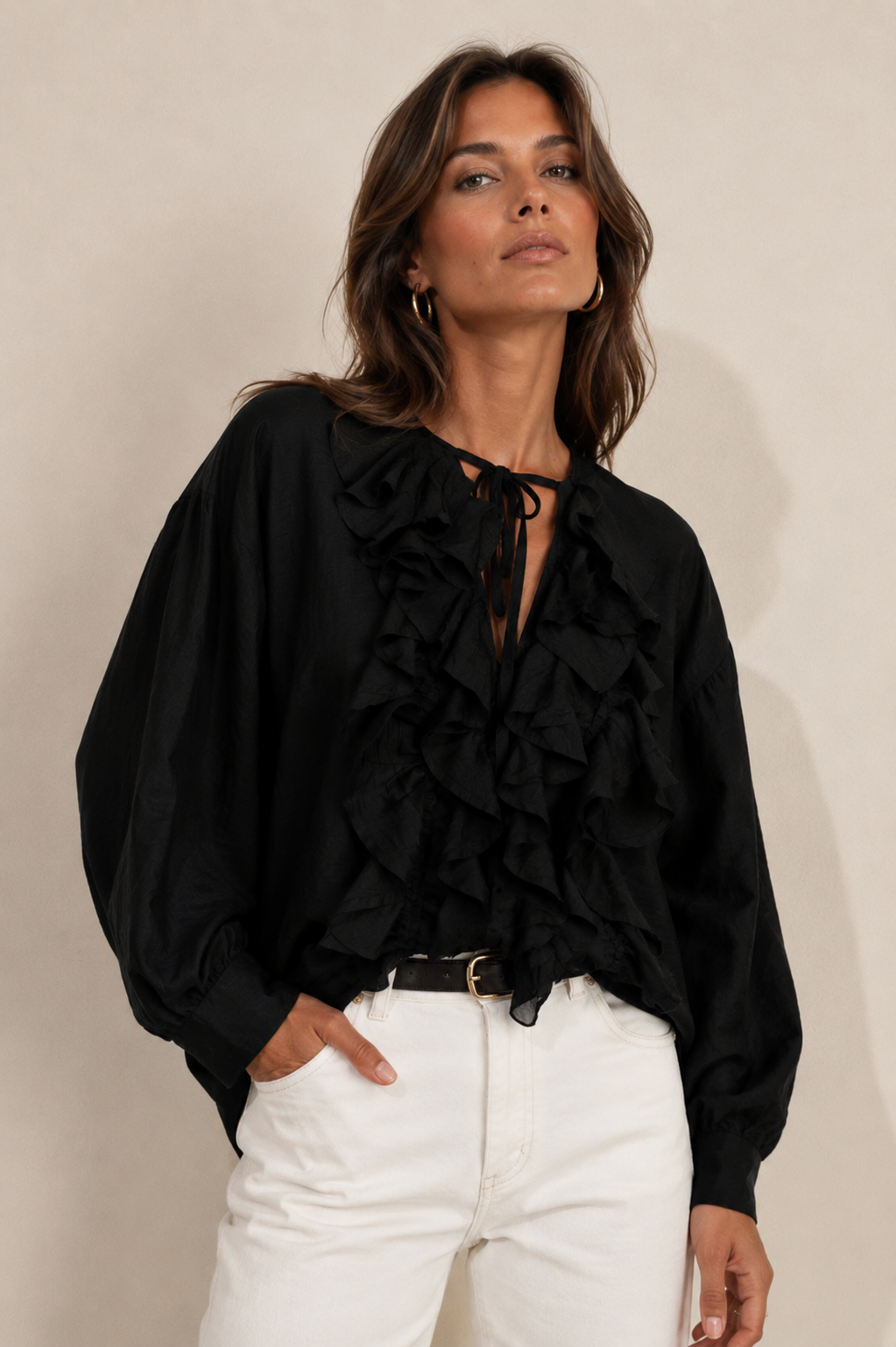 Blouse with front ruffle