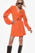 Short dress with belt and V-neckline