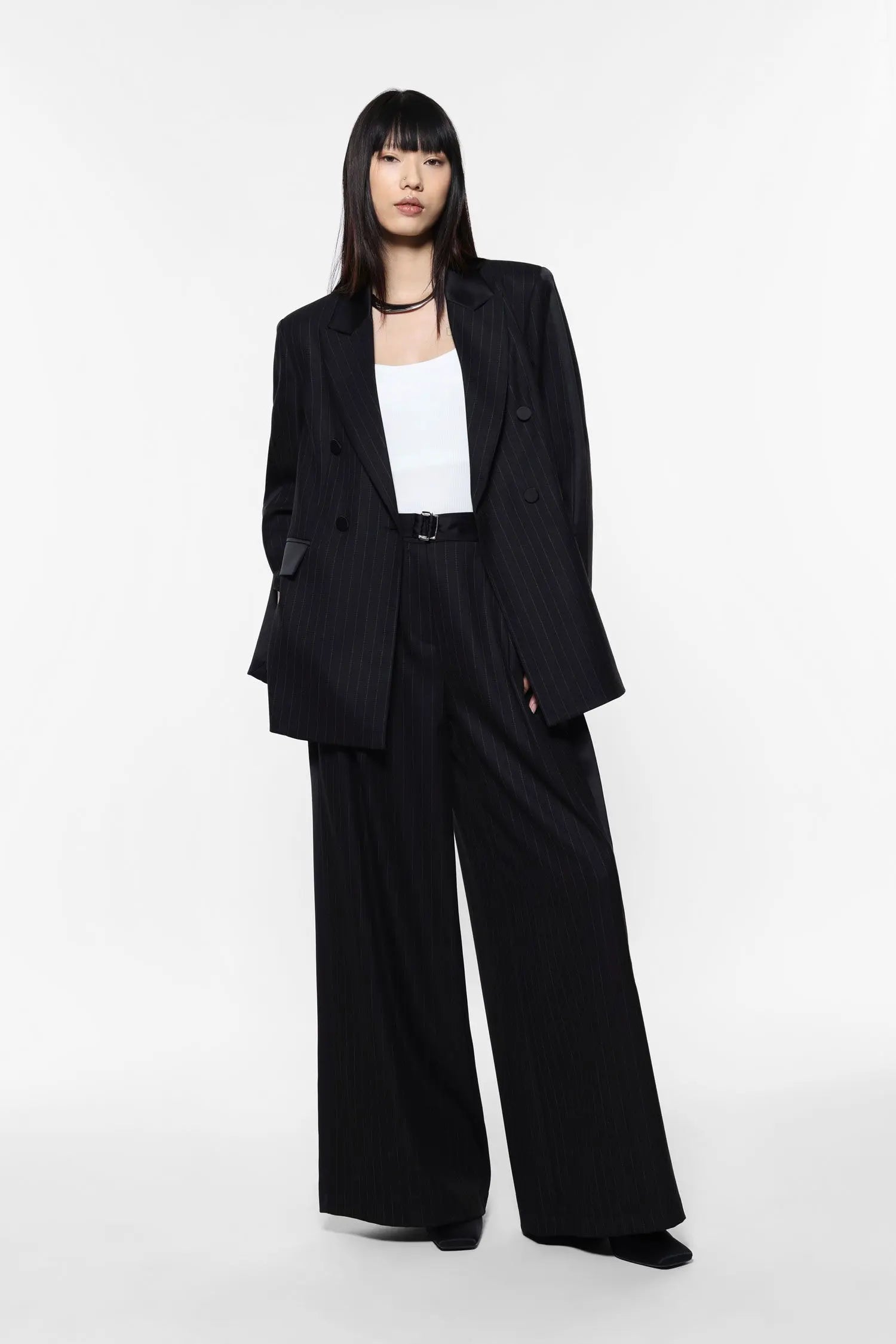 Wide-leg striped trousers with belt